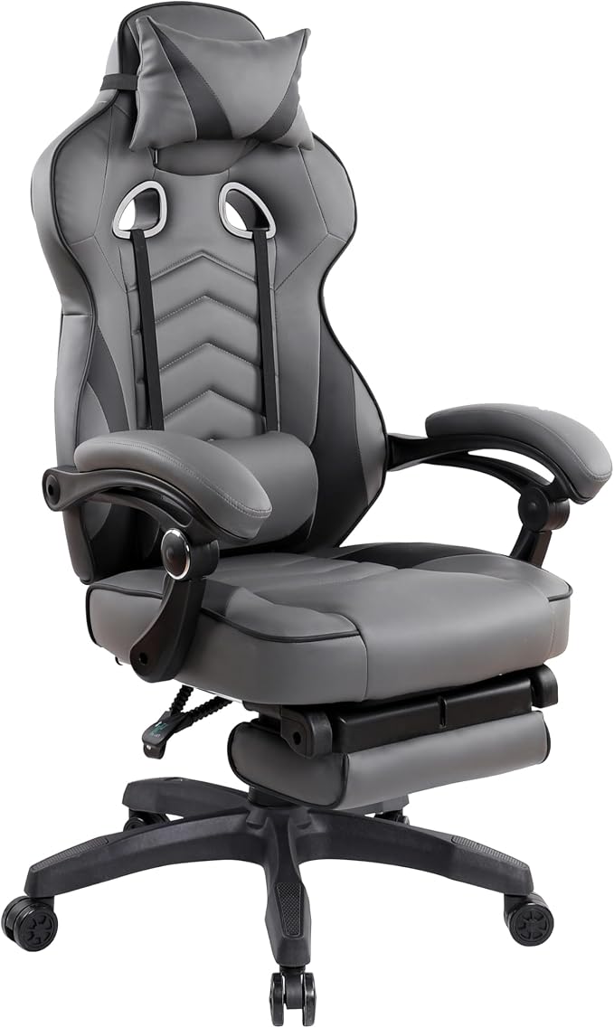 Techni Mobili Executive Gaming Chair with Footrest, 150° Reclining, Grey | PU leather chair, 150 degree recline, footrest, lumbar support, headrest pillow, executive office gaming chair, ergonomic by TechniMobili