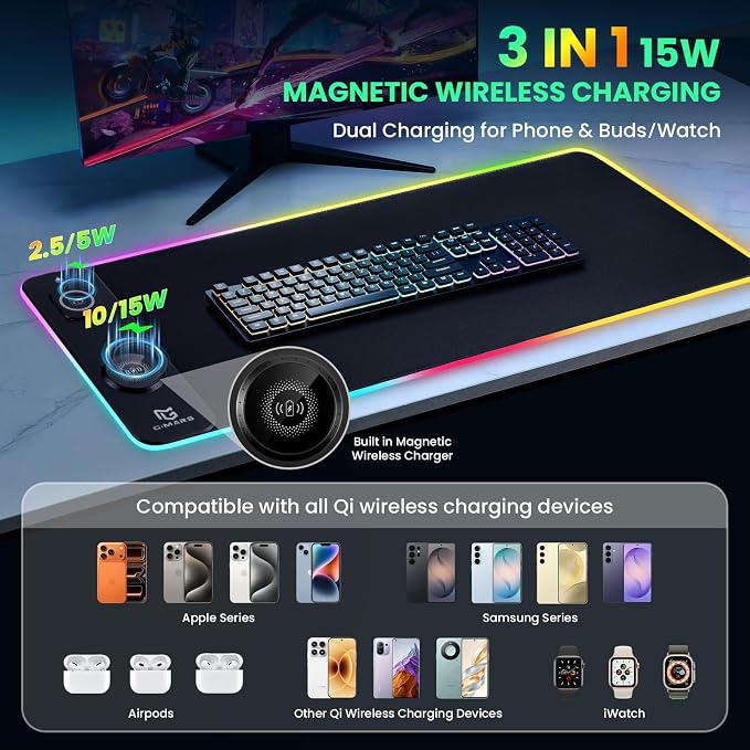 Gimars Upgrade 3 in 1 RGB Mouse Pad with 15W Magnetic Fast Wireless Charging, 31.5x11.8x0.16in Gaming Mousepad, 15 Color Modes, Waterproof Non-Slip XXL Desk Mat with Smooth Surface for Home Office PC - Image 2