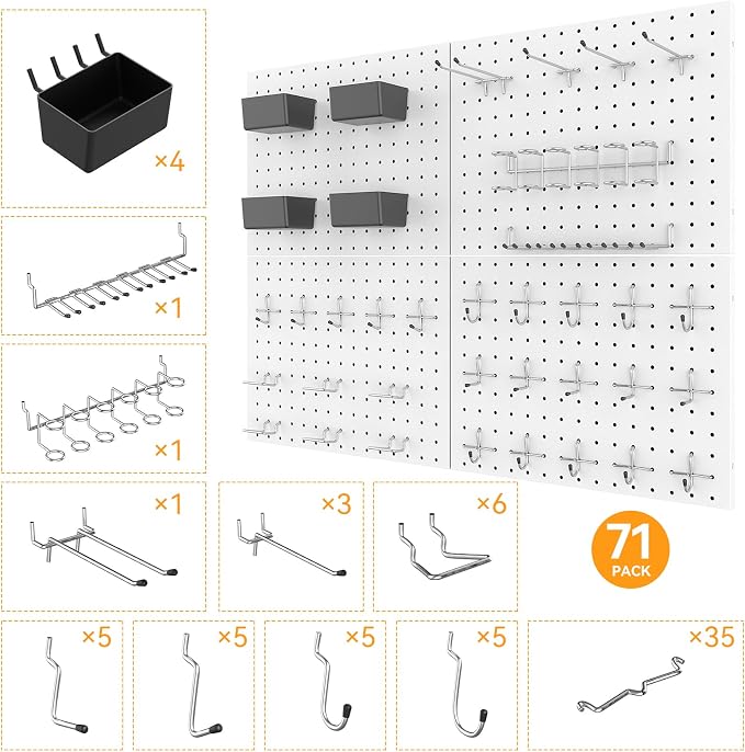 Peg Board, 4 Pack Metal Pegboard with Hooks, 71pcs Pegboard Kit, White Pegboard Wall Organizer, Heavy Duty Peg Boards for Walls Home, Garage Tool Storage, Workbench, Craft Room - Image 5