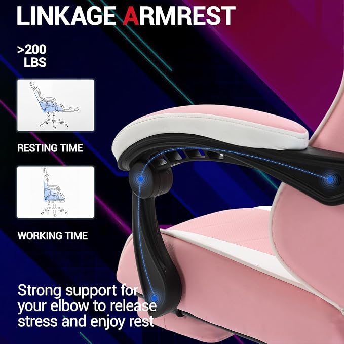 Gaming Chair with Footrest for Adults, PU Leather Video Game Chair with Massage Lumbar Support for Men Women, Ergonomic Computer Gamer Chair for Home Office, Height Adjustable, Pink - Image 4