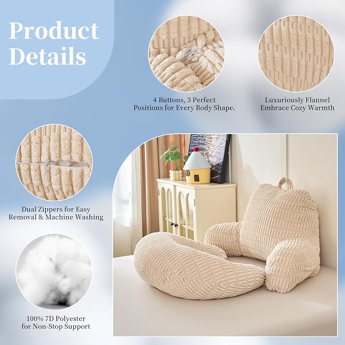 19" Reading Pillow for Bed,U Shaped Arm & Elbow Support,White Corduroy | Backrest Supports Back,U Shaped Lap Pillow Cushions Arms,Elbows & Wrists,Ribbed Corduroy for Reading,Gaming,Watching TV - Image 6