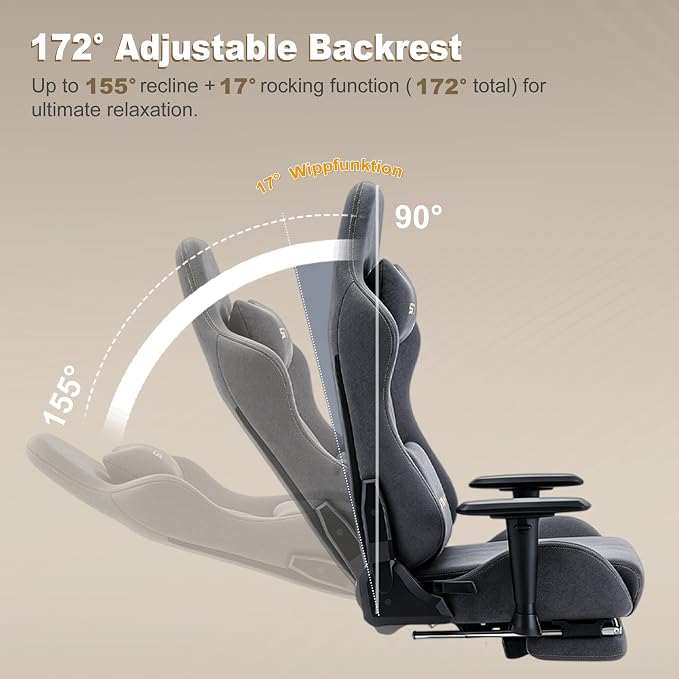 Symino Gaming Chair, High Back Ergonomic Office Chair with 2D Adjustable Armrests, 150° Recline, Breathable Faux Suede, Adjustable Headrest & Footrest for Home Office - Image 4
