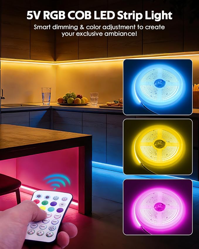 Bluetooth USB RGB COB LED Strip Lights 5V with Remote Control 6.56FT/2M Music Sync Color Changing TV Backlight for Bedroom 576LED/M Multicolor Flexible Self-Adhesive Under Cabinet Tape Lights - Image 4