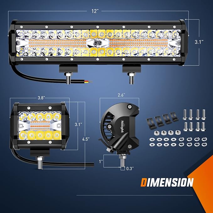 Nilight 12Inch 300W LED Light Bar 2PCS 4Inch 60W Light Pods Amber White Strobe 6 Modes Memory Function Reset Function Off Road Truck with 16AWG Wiring Harness Kit-3 Leads, 2 Years Warranty - Image 2