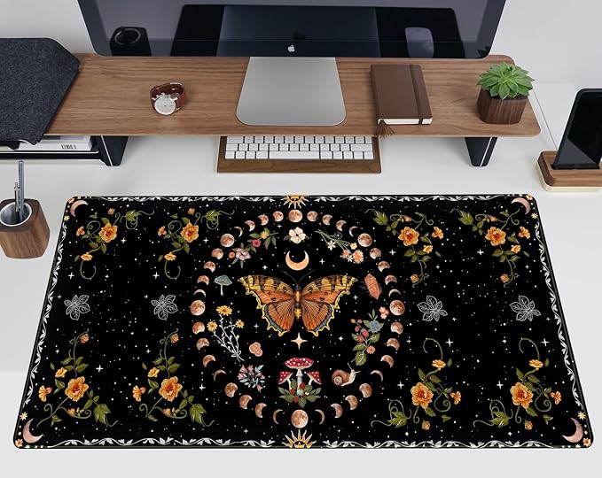 Moth Desk Pad Mushroom Phase Moon Phase Desk Mat, Boho Flowers and Leaves Computer Big Mouse Pad Washable Cloth Non-Slip Rubber Base Keyboard Pad Mouse Mat for Office with Stitched Eges 31.5x15.7 in - Image 5