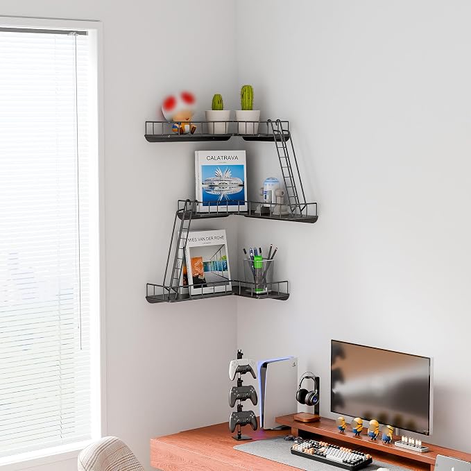 Fire Escape Wall Shelf - Modern City Style 3-Tier Corner Wall Shelves, Easy to Install Metal Ladder Shelf for Figures, New York Decorative Shelves for Bathroom, Living Room & Home Decor,Black - Image 4