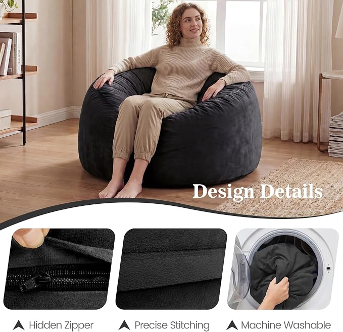 ACH Bean Bag Chair for Adults and Teens - 3ft Memory Foam Floor Chair, Perfect for Dorms, Gaming & Relaxing, Machine Washable Velvet Cover (Black-Medium) - Image 3