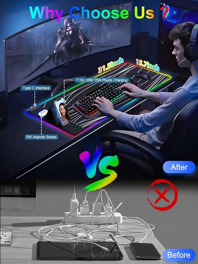 XXL Mouse Pad with Phone Holder - Black, RGB Desk Mat with 15W Fast Charging, LED Gaming Mousepad with 11 Light Colors, Waterproof Non-Slip Pad for Office & Home (Wave) - Image 2