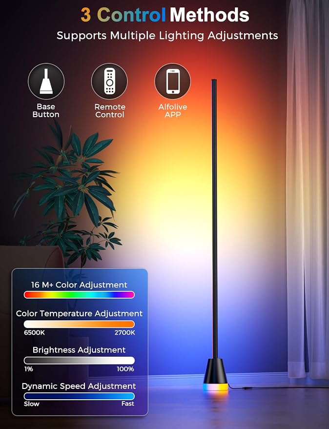 RGBICW Corner Floor Lamp, Modern LED Ambient Lighting, Jet Black - Image 4