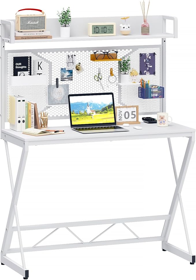 Elephance Small Gaming Desk with Pegboard, 39 Inch Computer Desk with Storage Shelves, Modern Office Desk for Study Work Home Office, Small Spaces, White by Elephance