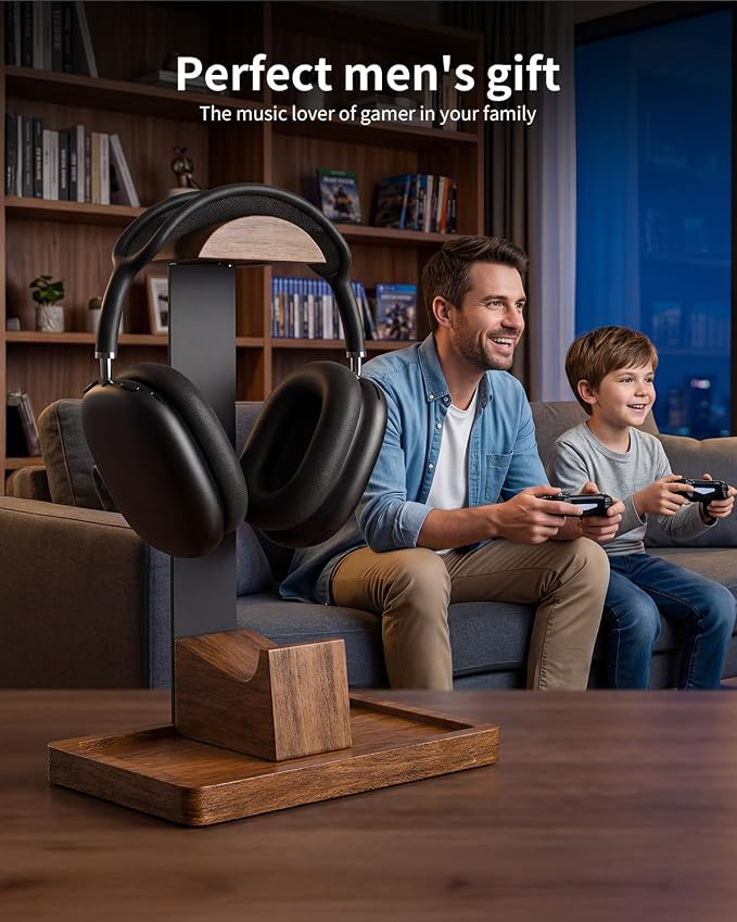 Headphone Stand and Controller Holder, 2-in-1 Walnut Wood Gaming Desk Organizer Compatible with Controllers, Display Mount for AirPods Max, Bose, Sennheiser, Gift for Gamers - Image 7