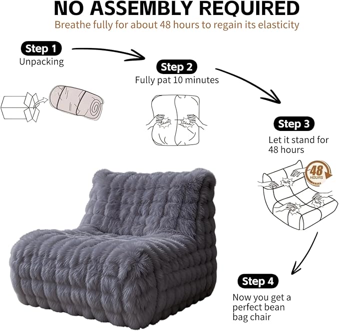 Memory Foam Faux Fur Bean Bag Chair, Light Grey | Supportive memory foam filling, plush faux fur cover, floor lounge sofa for bedroom, living room & office daily relaxation - Image 3