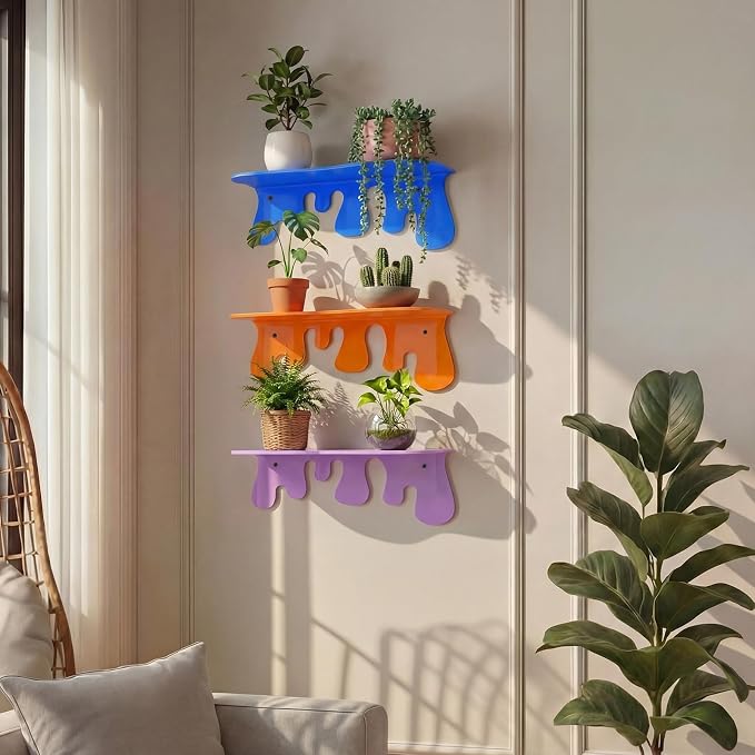 3 Pcs Small Acrylic Floating Wall Shelves 7.1" Floating Shelf for Wall 3 Colors Liquid Flowing Design Hanging Display Rack Shelves with Screws for Storage Living Room Gaming Room Home Decor - Image 7