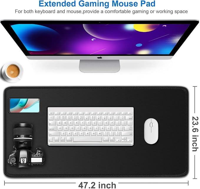 Large Extended Long Mousepad, 47.2x23.6 in Large Gaming Non-Slip Mouse Pad | Gaming Mouse Pad Large, Water Resist Computer Keyboard Mat Rubber Base Long Desk Pad for Work & Gaming, Office & Home, Black - Image 2