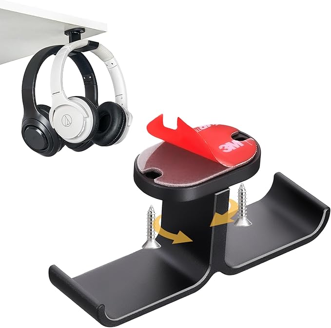 Under Desk Headphone Hanger with Strong Adhesive and Screws Mount, 360° Rotatable Dual Headset Holder Stand, Aluminum Metal Adjustable Headphone Hook, Perfect for Home Gaming & Office - Black by Unknown