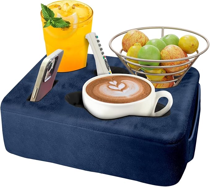 Couch Bed Cup Holder Pillow, Nisdoing 5 Hole Couch Drink Holder! Keep Drinks Hand Side and KeepTemp, Prevent Spills and Use Anywhere. Cup Holder for Couch, Bed,Camping,RV,Car,Beach. Navy Blue by NISDOING