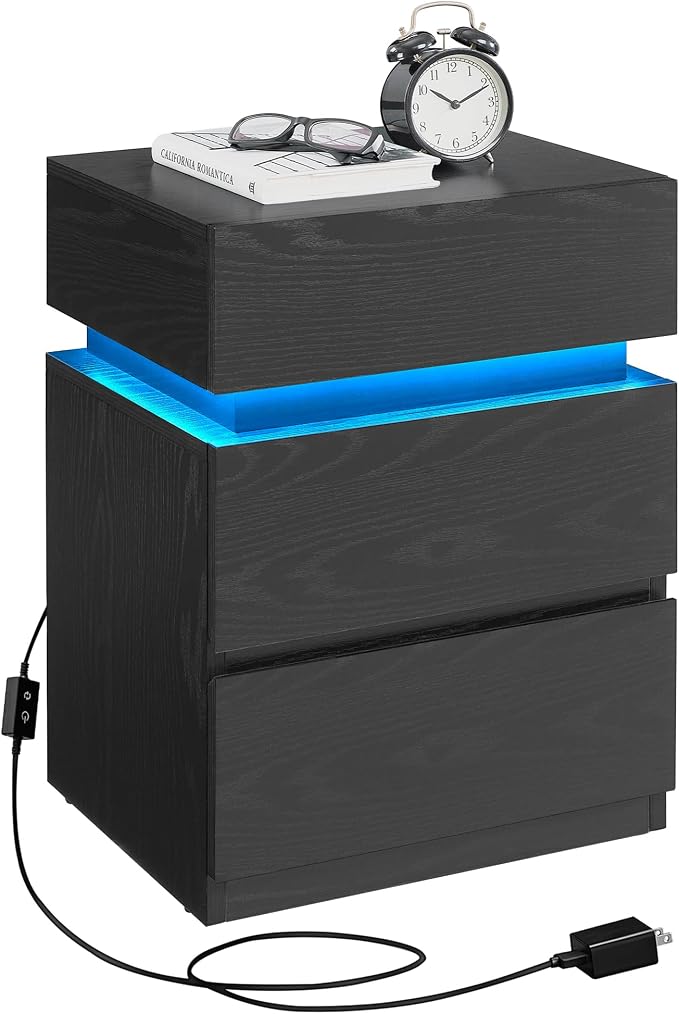 VASAGLE LED Nightstand with Charging Station, 3 Drawers by Unknown