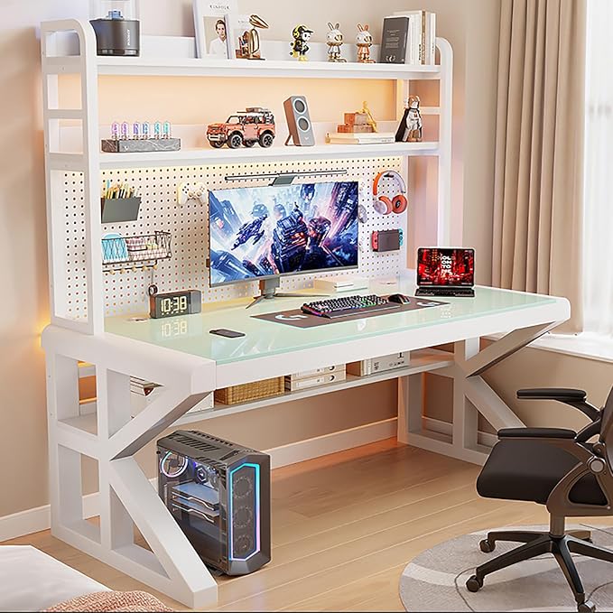 Gaming Desk with Pegboard and Storage Shelves,Tempered Glass Computer Desk Workspace,Modern Writing Study Table Gaming Table with Metal Frame for Home Office(80x60x165cm(31x24x65inch), C) by Unknown