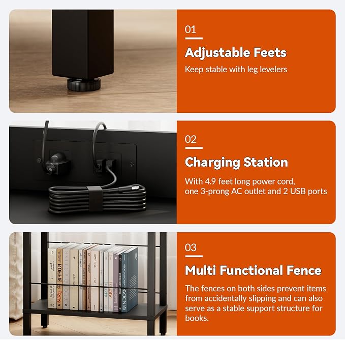 Narrow Nightstand with Charging Station, Small Black Side Table with Outlet - Image 4