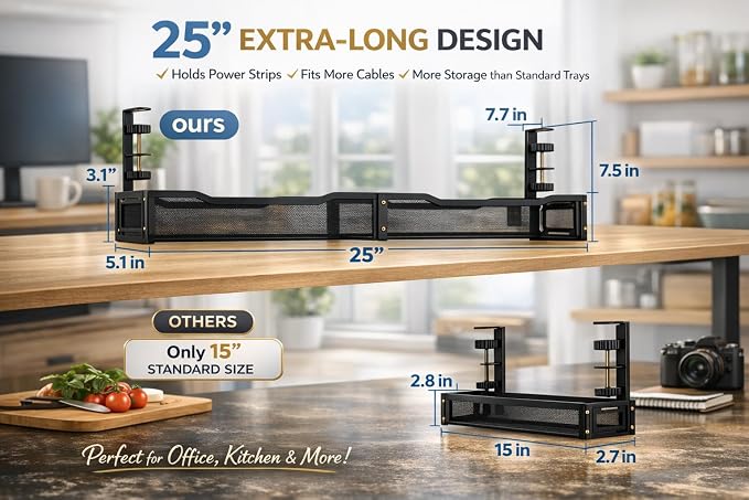 Under Desk Cable Management Tray – 25” Metal Cable Organizer with Clamp Mount, No Drill Wire Management Rack for Office & Home Desk (Black) - Image 4