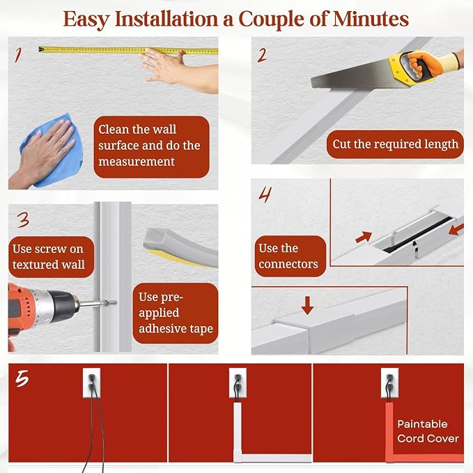 EVZA 157in Cord Hider for 1-2 Wire, Self Adhesive One-Cord Channel Cable Concealer, Paintable Cable Covers for TV Cords on Wall, Cable Raceway Kit for Extension Cord, Ethernet Cables, Speaker Wires - Image 8