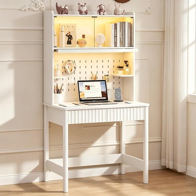 Lvifur 31.5" LEDStudy Desk with Drawer,Hutch,Reading Lights | Computer Desk with Charging Station,2 Drawer,Compact Writing Desks,Home Office Desks for Bedroom,White by LVifurSmartFurniture