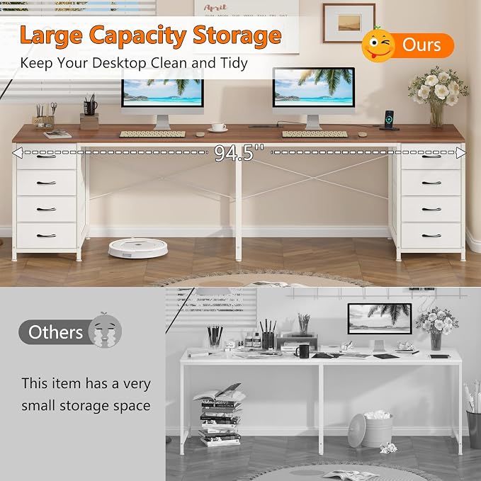 95" 2 Person Desk with 8 Fabric Drawers for Home Office, Living Room - Image 6