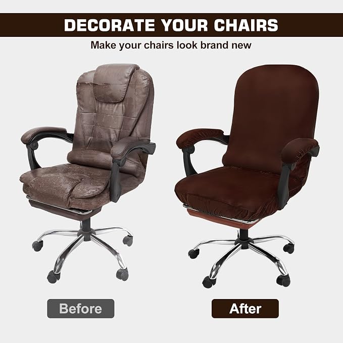 NeColorLife Velvet Office Chair Cover with Armrest Covers, Large, Brown | Soft stretch velvet fabric, fits large high-back office and executive chairs, includes 2 armrest covers, washable and elastic - Image 2