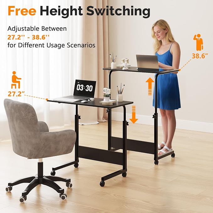 FCH Portable Computer Workstation, Standing Desk Adjustable Height, Small Computer Desk w/Rolling, Sit Stand Laptop Desk TV Tray for Bed Sofa Hospital Reading Eating,Black, 31.5" - Image 4