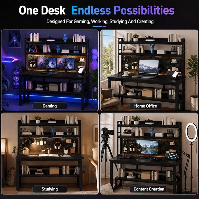 40 Inch Gaming Computer Desk with Built-in Power Outlet & LED Lights | Home Office Desk with Hutch, Pegboard & Storage Shelves | Space-Saving Workstation (Black) - Image 8