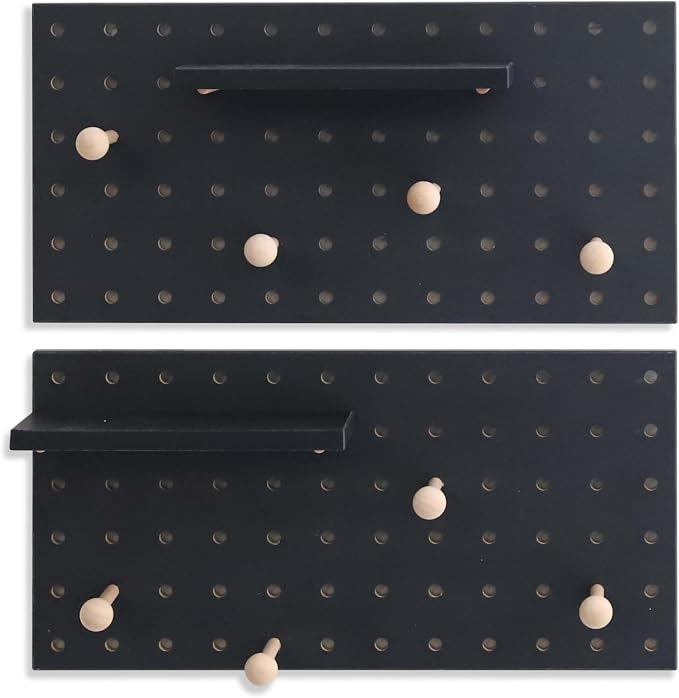 Wooden Pegboard Accessories Set: Modular Wall Hooks & Shelf for Garage, Office & Home Organization(Black Colored Finish-B) - Image 2