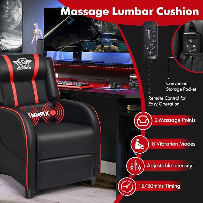 GYMAX Gaming Recliner, Massage Gaming Chair with Adjustable Footrest, Remote Control & Side Pocket, Ergonomic Game Lounge Chair, Racing Style Single Theater Seat Game Sofa for Adults (Red) - Image 4