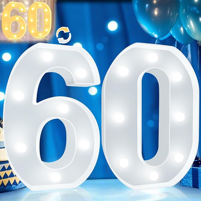 Pooqla 60th Birthday Decoration for Woman Man, Decorative LED Light Up Numbers, Marquee Numbers 60 Sign for Party Backdrop 60th Wedding Anniversary Decor, Warm White and Cool White Number 60 - Image 7