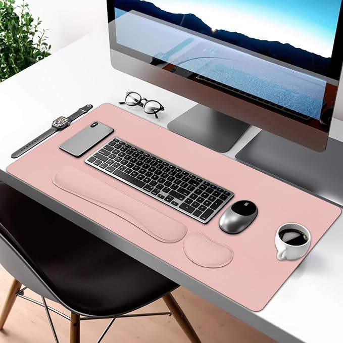 Desk Mat Set,3-in-1 Mouse Pad with Wrist Rest and Keyboard Pad | 31.5" x 15.7" Ergonomic Keyboard and Mouse Pad Set, Memory Foam Keyboard Wrist Rest, Waterproof Computer Mat, Pink - Image 7