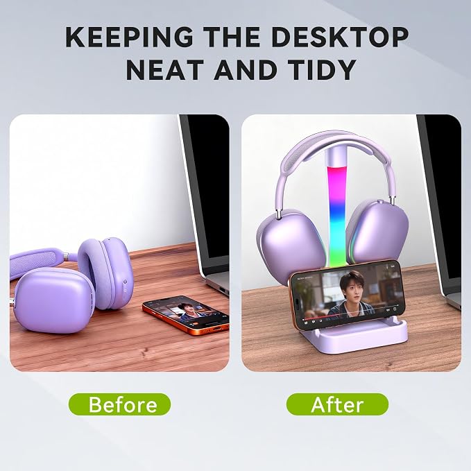 Headphone Stand with Charger,Gaming Headset stand with RGB Light Mode,For Airpod Max Stand,Desk Lamp,Phone Holder,Tablet Holder,desktop organizer,Gifts for Gamers & Music Lover (Purple) - Image 6