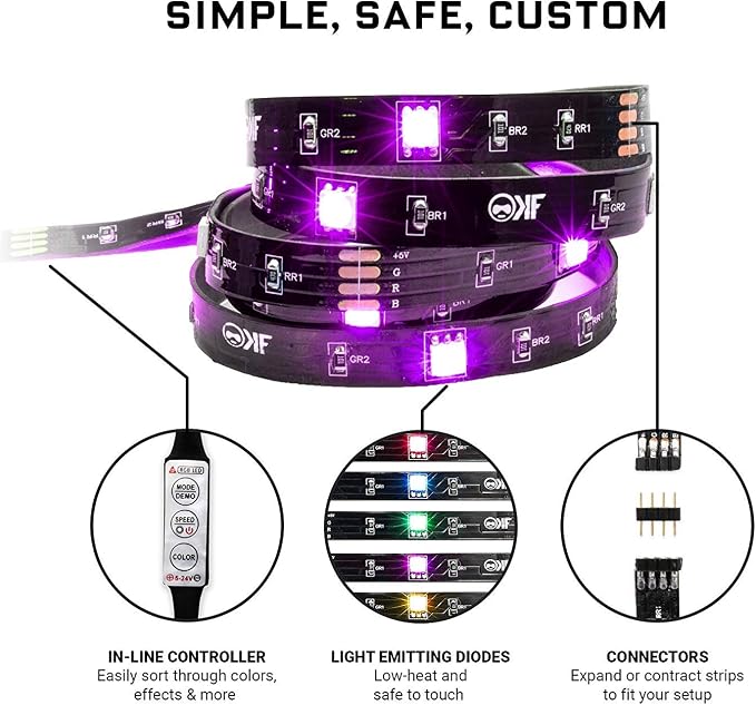 KontrolFreek Gaming Lights: LED Strip Lights, USB Powered with Controller, 3M Adhesive for TV, Console, PC, Wall (9 ft) - Image 4