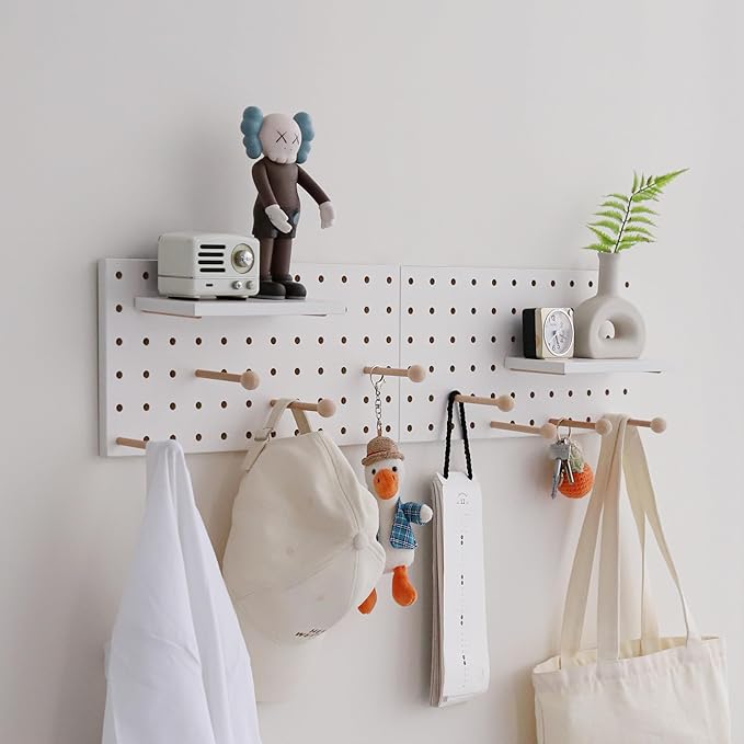Wooden Pegboard Accessories Set: Modular Wall Hooks & Shelf for Garage, Office & Home Organization(White Colored Finish-B) by CreatedOn2005