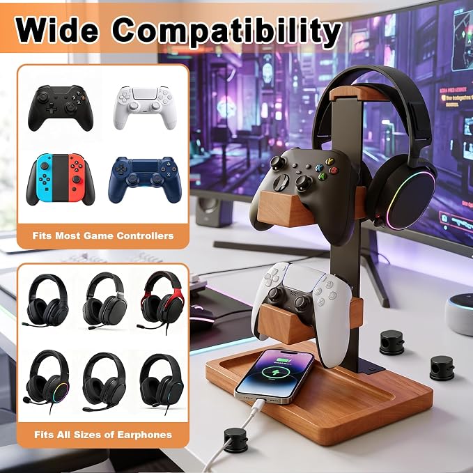 Headset Stand with Dual Controller Holder, Solid Wood | Headphone Stand with Storage Base, Gaming Equipment Accessories for Desk, Controller Holder for Gamers - Image 3