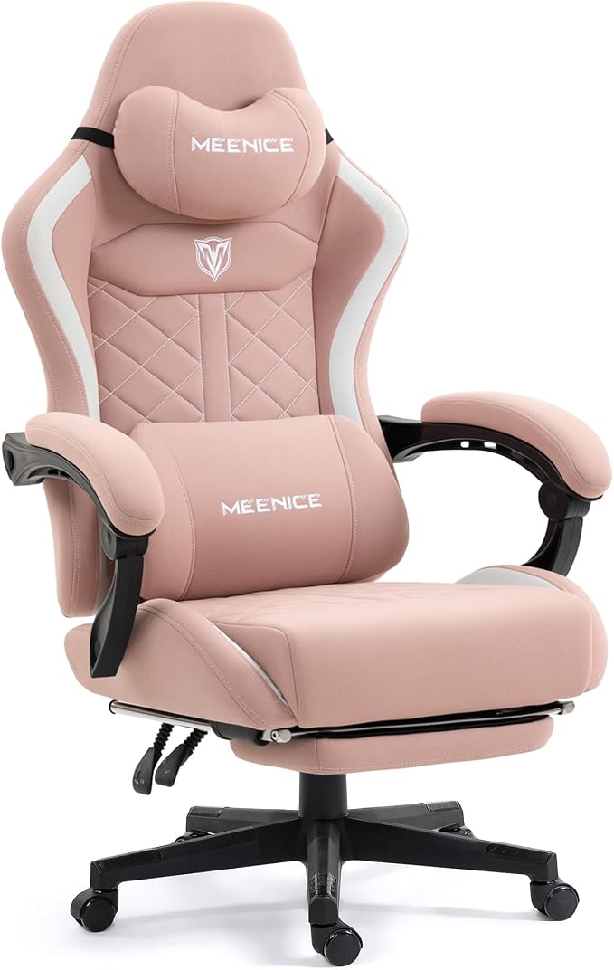 Big and Tall Gaming Chair Fabric with Footrest, Massage Lumbar for Adults | Ergonomic High Back Gamer Chair with Pocket Spring Cusion, Wide Video Game Chair Comfy for Big Guys 400LBS Home Office Pink by MEENICE