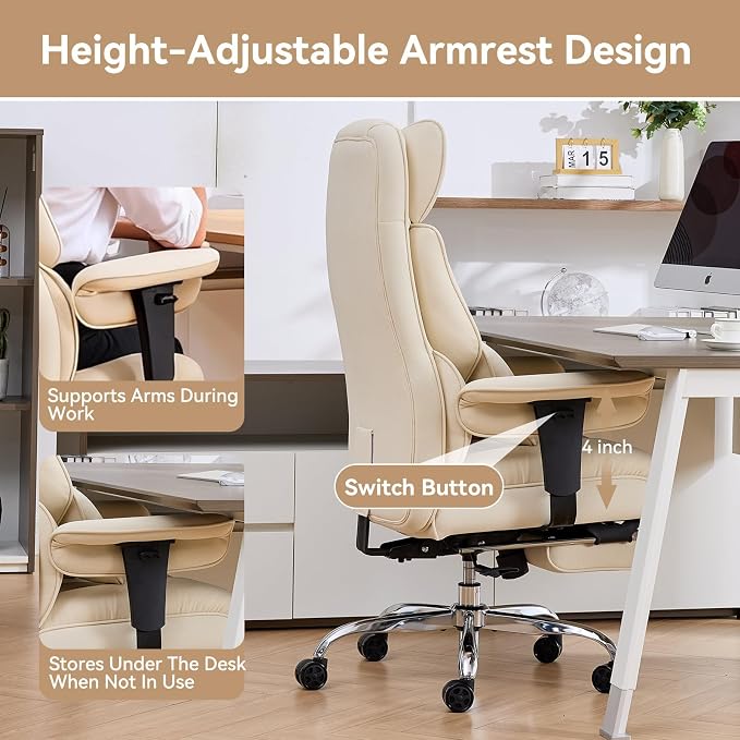 Efomao Executive Office Chair, Beige Fabric Big and Tall Desk Chair | Breathable fabric, pocket spring & foam seat, retractable footrest, 135° recline for computer gaming setup - Image 8