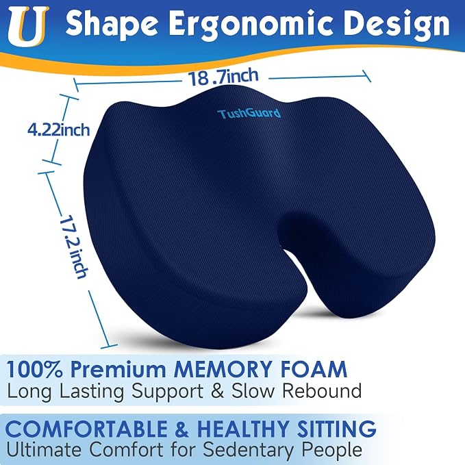 TushGuard Seat Cushion for Office Chair, Car, Memory Foam, Blue XX-Large | For Back, Coccyx, Sciatica, Tailbone Pain, Ergonomic Design, Non-Slip, Desk Wheelchair Use, Supportive Butt Pillow, For Man - Image 2