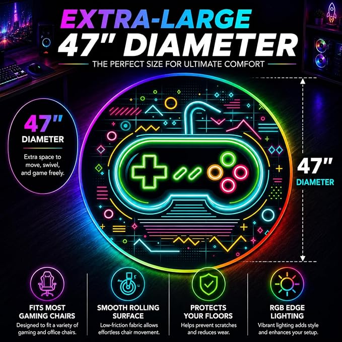 Gaming Chair Mat for Hardwood Floor Circle RGB Gaming Lights (Retro Controller 47”) - Noise Cancelling, Anti-Slip Gamer Floor Mat – Scratch Resistant Computer Gaming Mat for Chair - Image 7