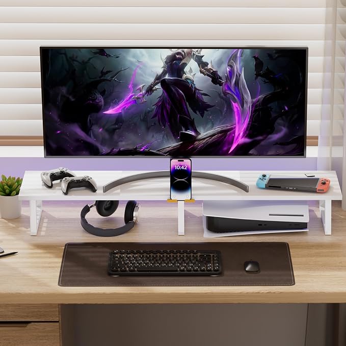 TEAMIX 42 inch Dual Monitor Stand with Storage Drawer & Phone Holder, White | Laptop, PC, Printer, TV Stand Riser, Wood & Steel, Holds 300lbs, Keyboard & PS5 Storage underneath, For Home Office & Gaming - Image 5