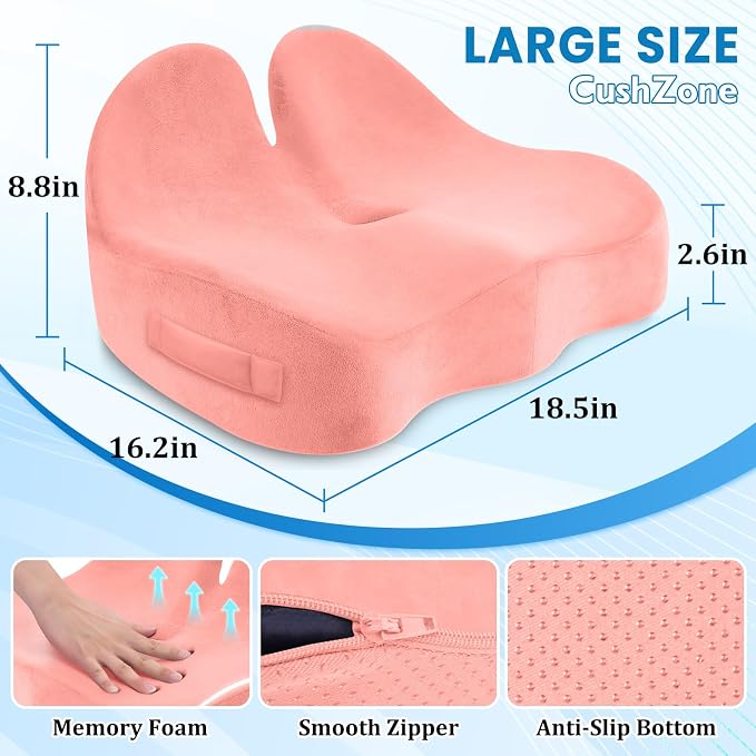 CushZone Ergonomic Seat Cushion, Sciatica Support for Office Chair, Pink | Large Size for Sciatica & Hip & Tailbone Pain Relief, Memory Foam Office Chair Cushion for Car, Long Trip, Desk Chair, Lab - Image 2
