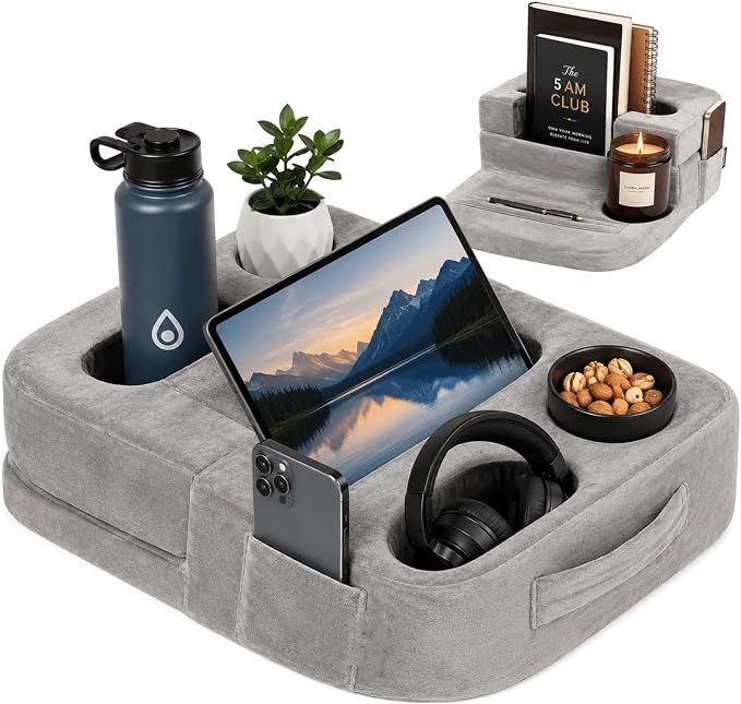 Couch Cup Holder Pillow for Sofa and Bed, 5 Pocket Drink Holder Caddy for Phone, Remote, Tablet and Game Controller, Spill Resistant Cup Holder for Couch, Car, RV and Camping by Unknown