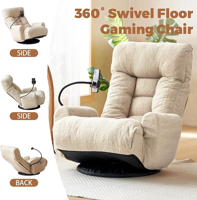 Teddy 360° Swivel Floor Gaming Sofa Chair - Beige | Adjustable Head & Waist Support, Padded Cushion, Folding Gaming Lounge Chair with Armrests & Phone Holder | Home Office - Image 7