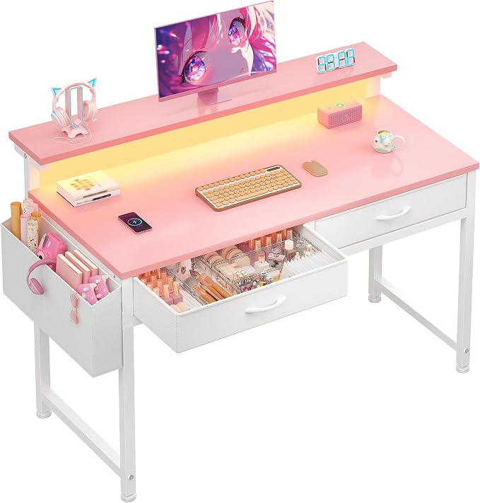 DurayLoly 31Inch Small Computer Desk with LED Lights & 2 Fabric Drawers by Durayloly