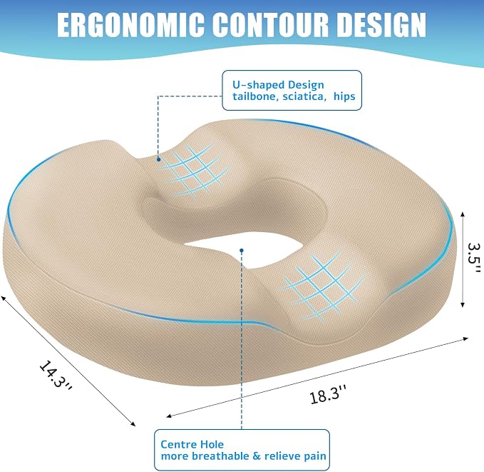 BlissTrends Donut Pillow Seat Cushion, Memory Foam Lifting Cushions | Donut Chair Cushions for Postpartum Pregnancy&Hemorrhoids,Tailbone Pain Relief Cushion for Office&Home Chairs(X-Large, Khaki) - Image 2