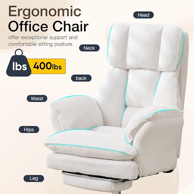 JOMEED Cloud Cross Legged Office Chair with Footrest,Flip Armrest,White | Ergonomic Teddy Big and Tall Executive Chair with Wheels,155° Reclining Computer Wide Desk Chair for Home,Office - Image 8