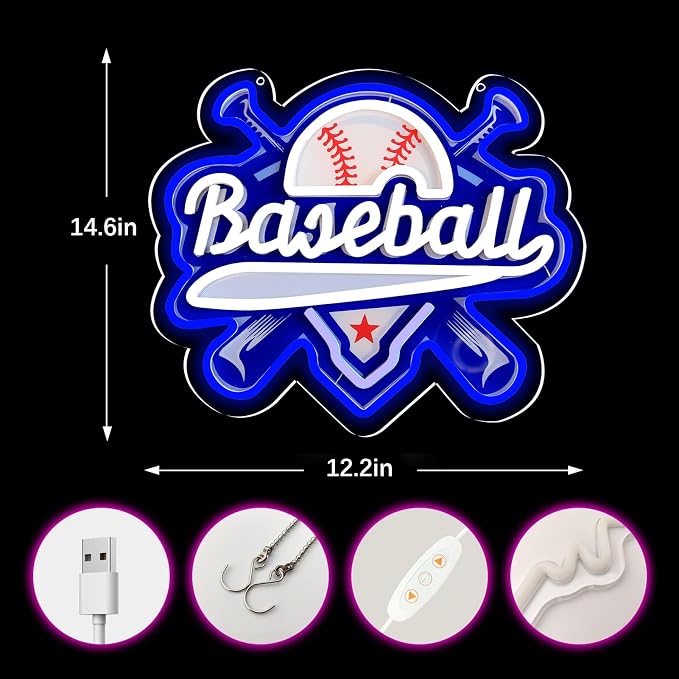 Baseball Neon Signs Dimmable Baseball Neon Lights Wall Decor for Club Dormitory Bedroom Shop Home Birthday Party Gift Art for Kids Fans-14.65 x 12.2 IN-USB Powered-Acrylic - Image 5